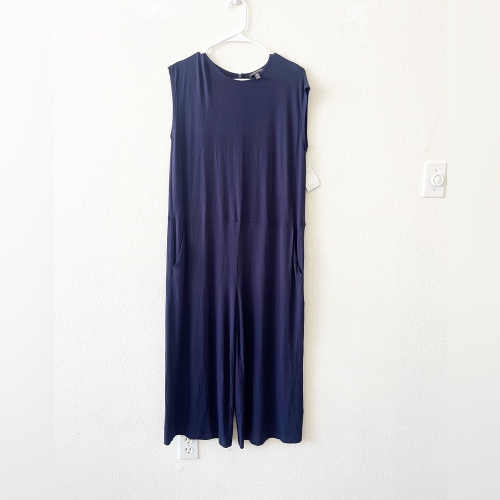 EILEEN FISHER Jumpsuit Size PM Blue Jersey Stretch Sleeveless Wide Leg Crop - Picture 2 of 6